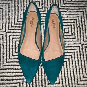Teal suede pointed toe flats
